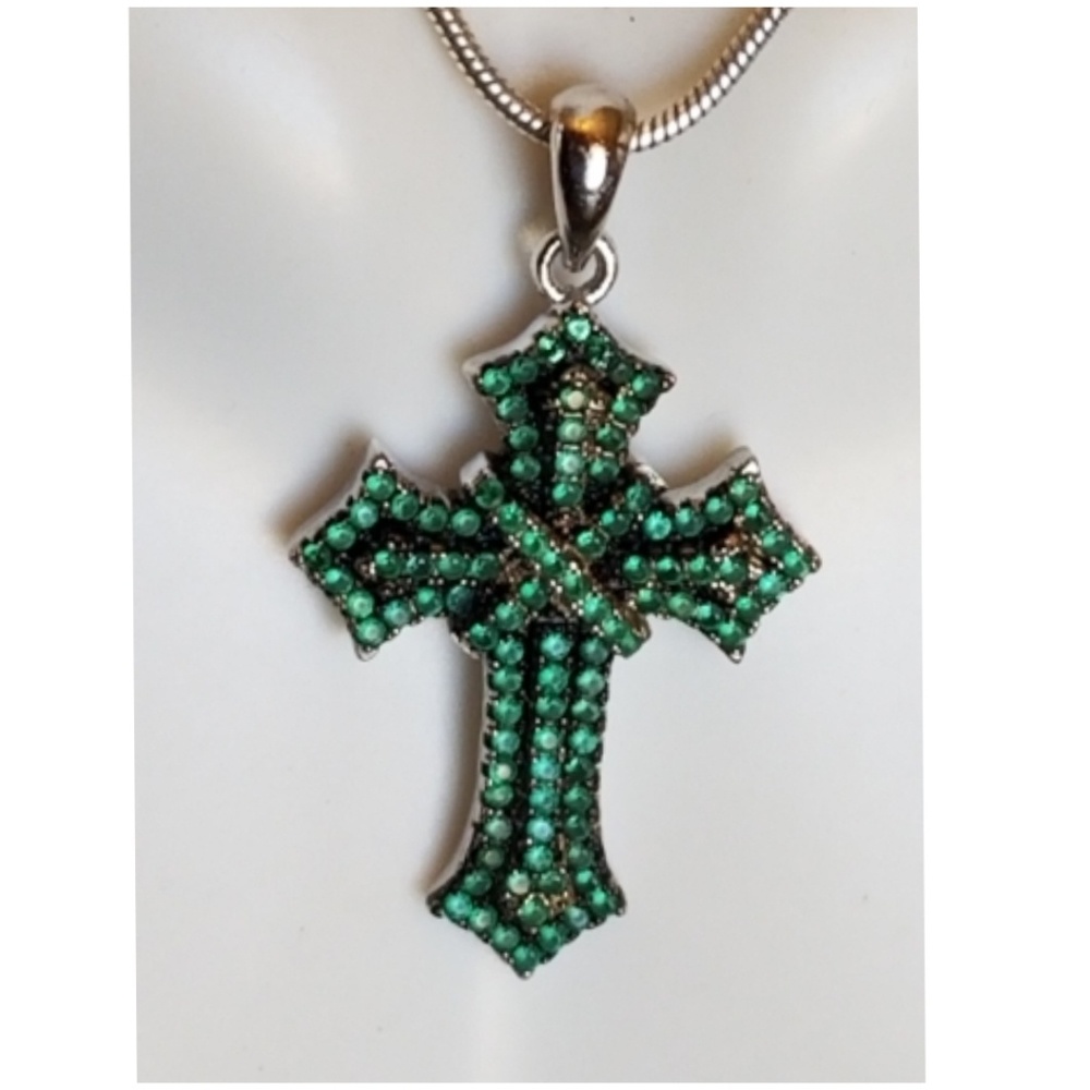 Genuine Emerald Quartz Cross Pendant 1.5"